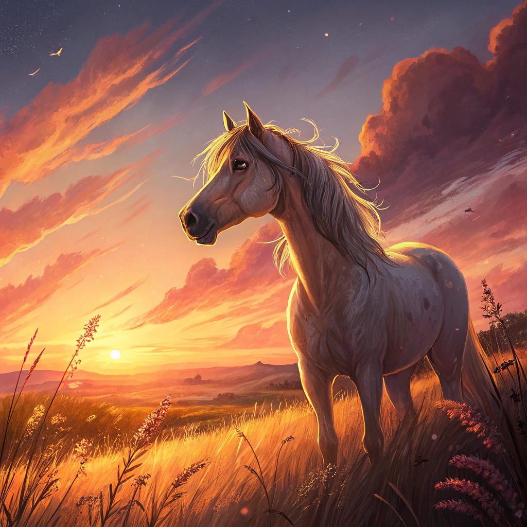 Horses Silhouetted Against Sunset Skies