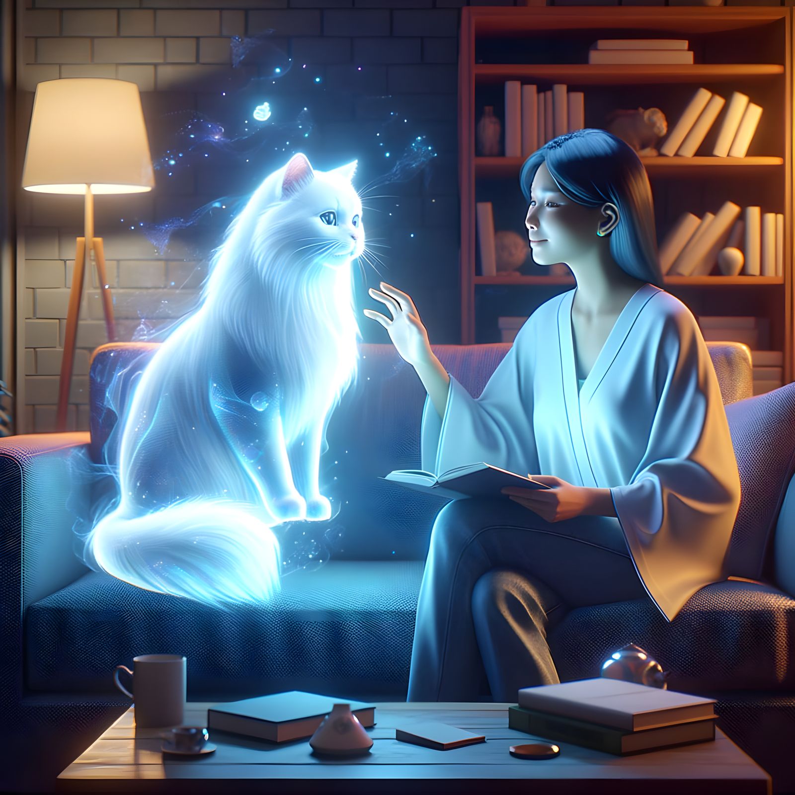 Glowing Hologram of Deceased Cat Interacts with Human in Coz...