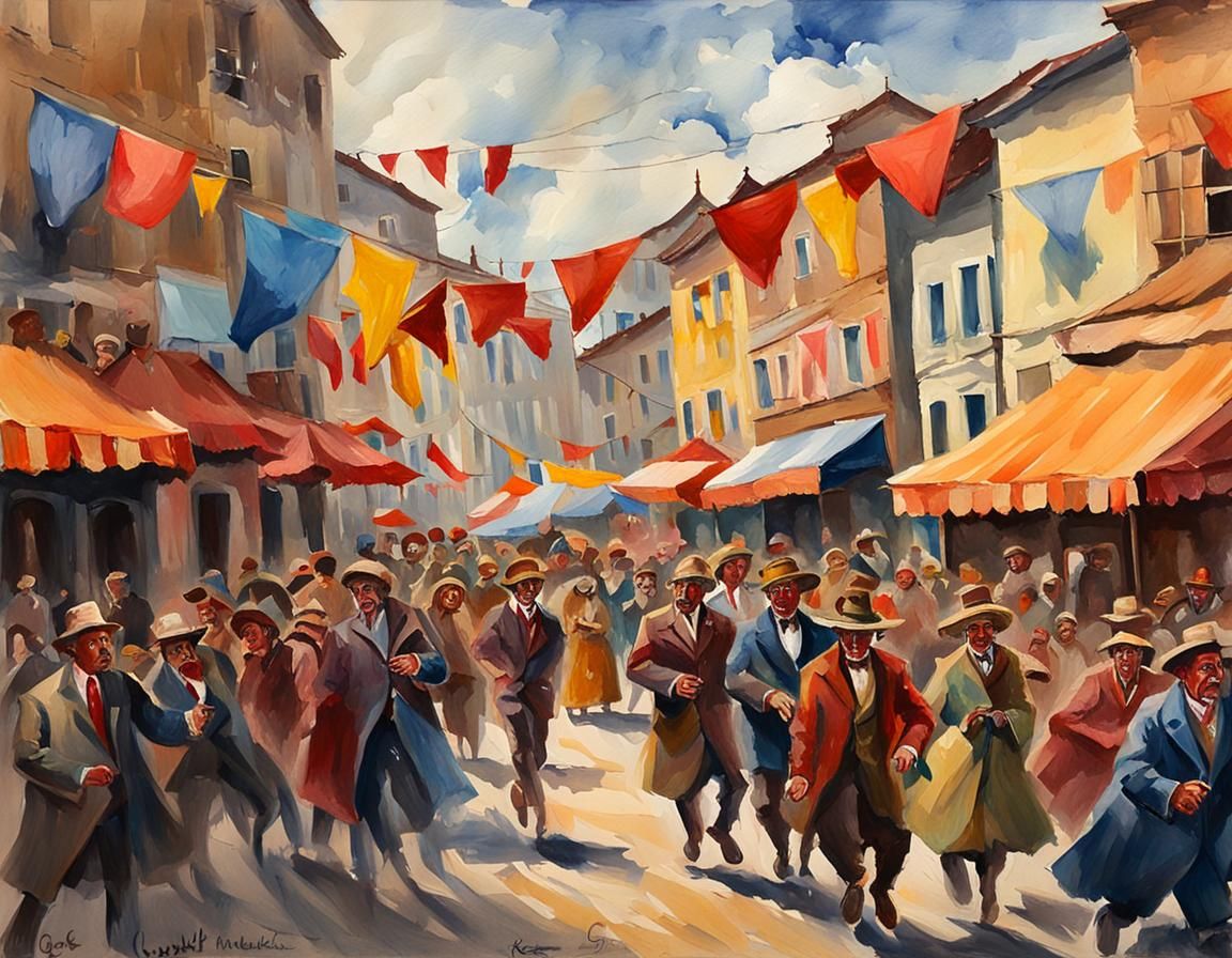 Gouache Style Carnival in a Picturesque Town
