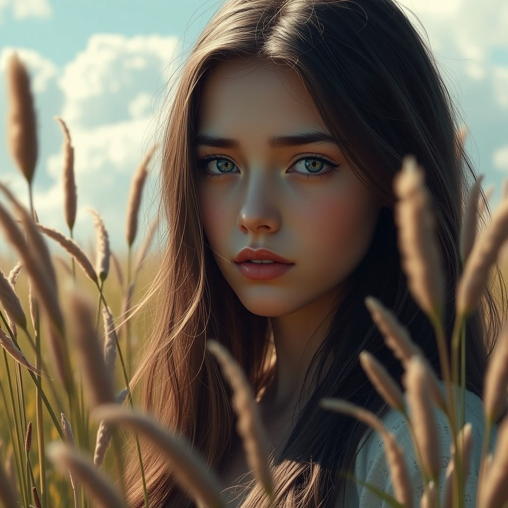 Nostalgic Portrait of Woman in Field, Hyperrealistic Art