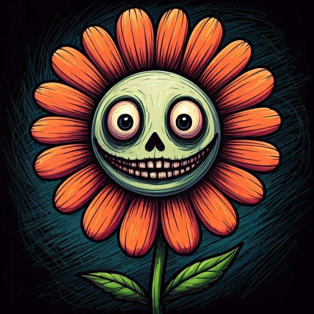 Pop Art Spooky Flower Face in Scribble Style