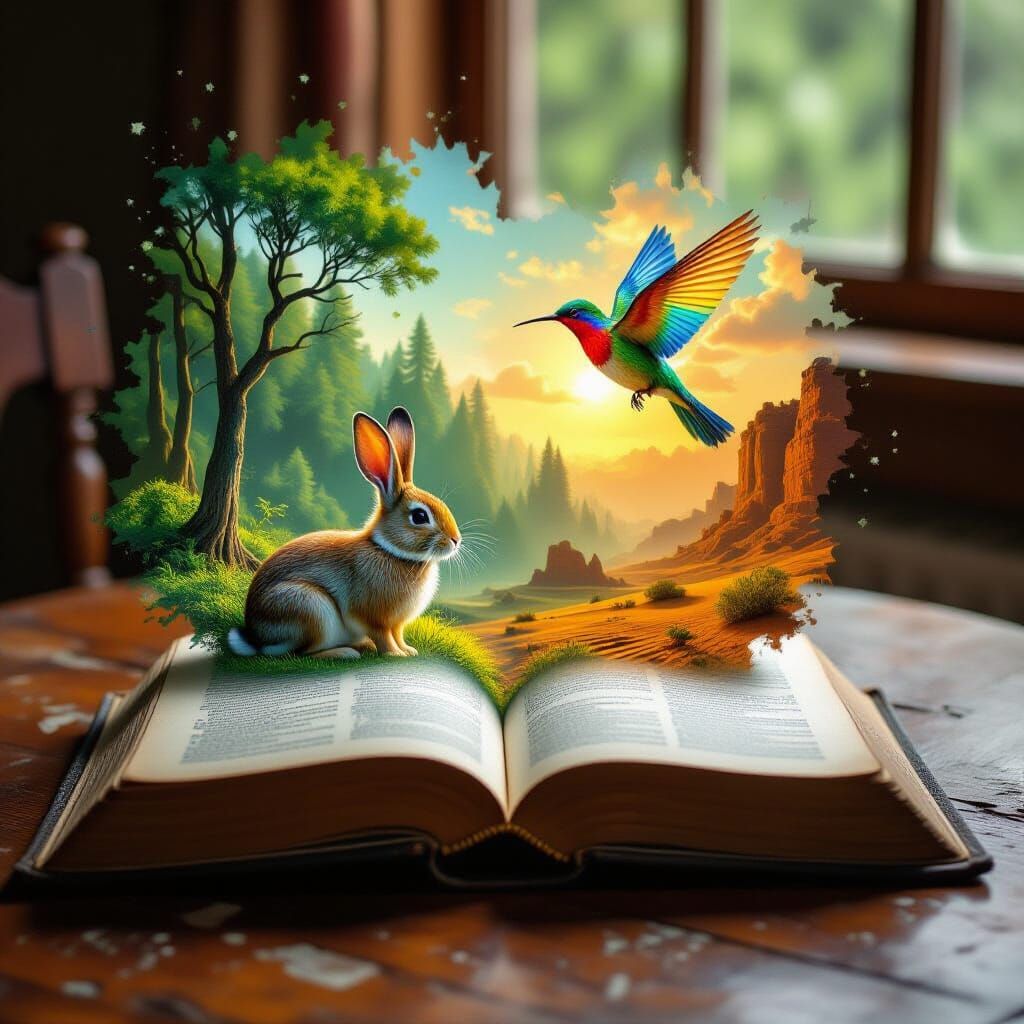 Open Book Melts Into Forest and Desert Double Exposure