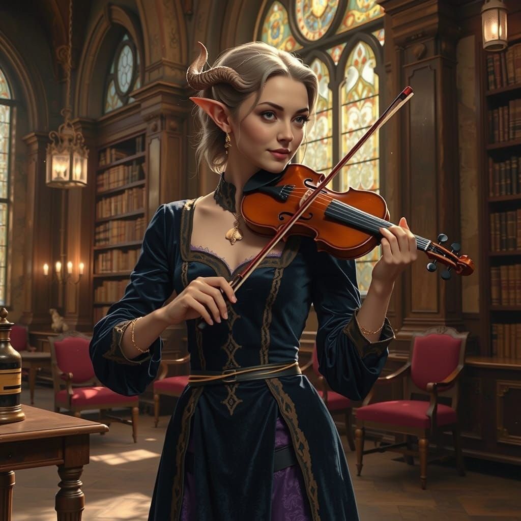 Tiefling Bard in Sunlit Library