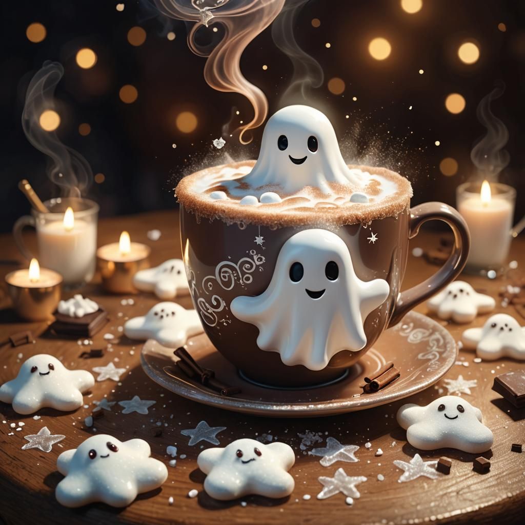 Cute Ghost and Hot Chocolate: Whimsical Digital Art