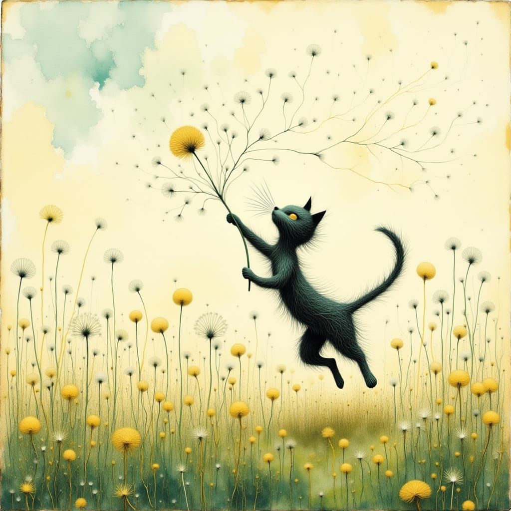 Cat Plays in Dandelion Field Wet Watercolour Style