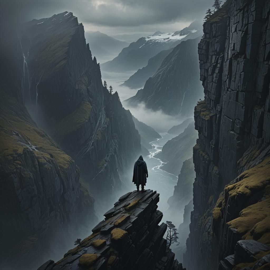Hooded Figure in Dark Fantasy Landscape