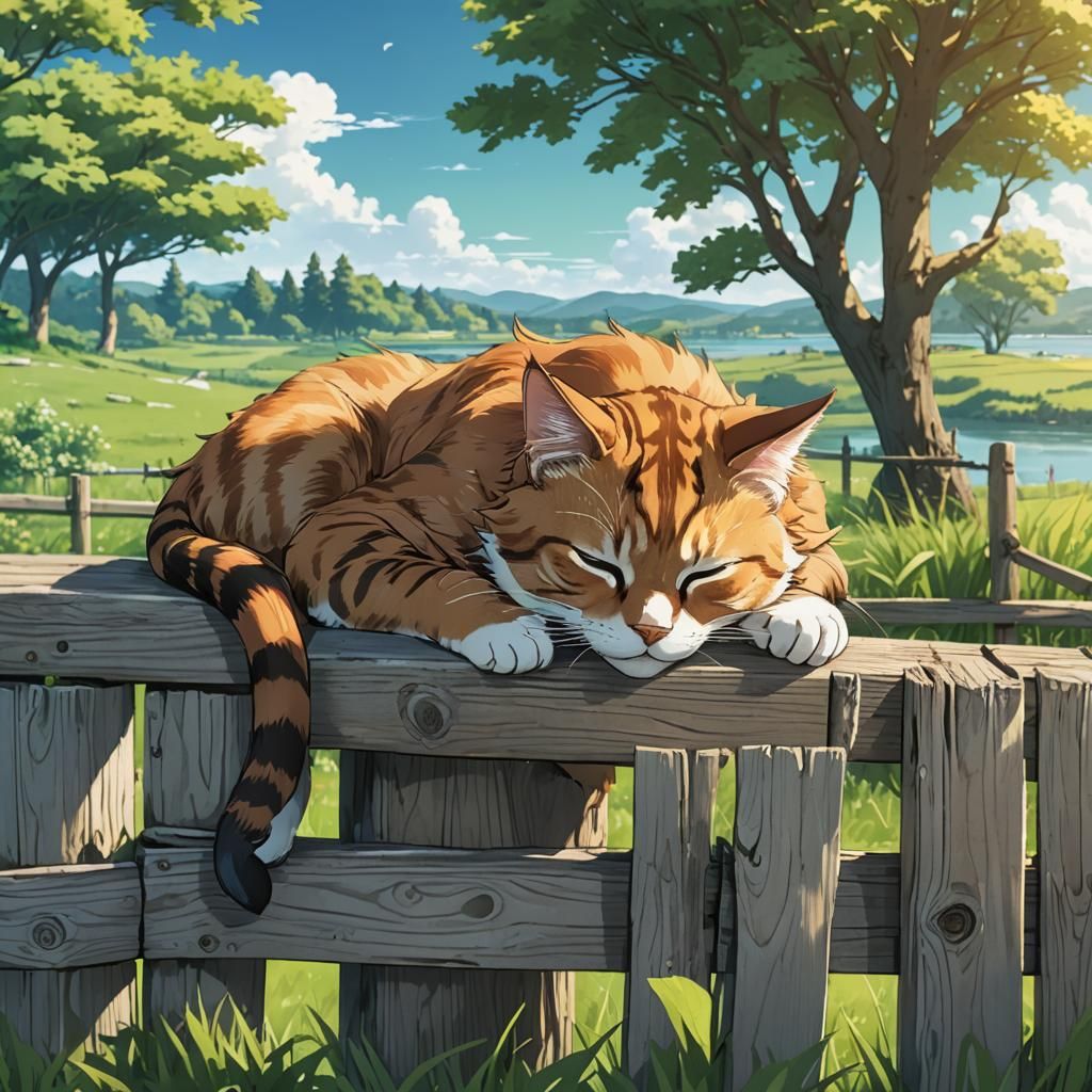 Cat Nap on Fence: Anime Style Still Life