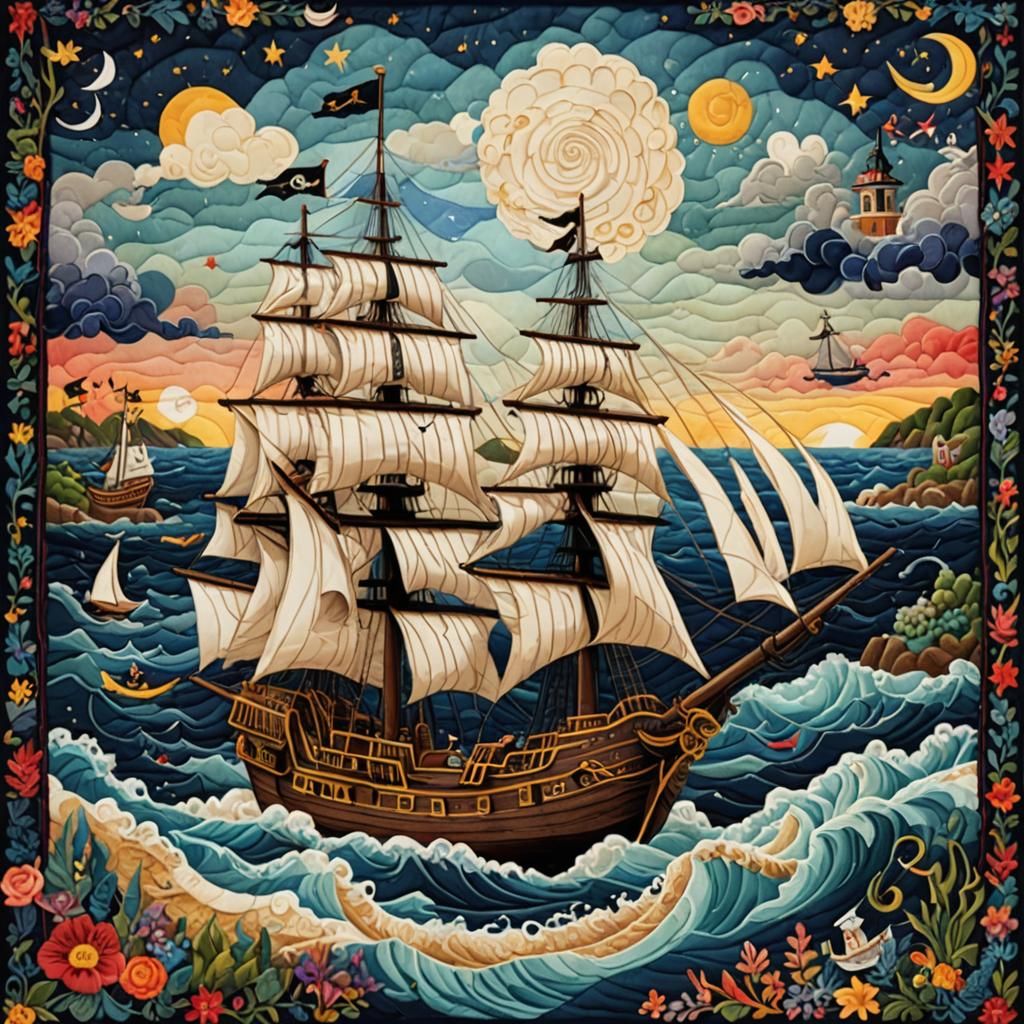Quilted Pirate Ship Sailing on Tapestry Sea