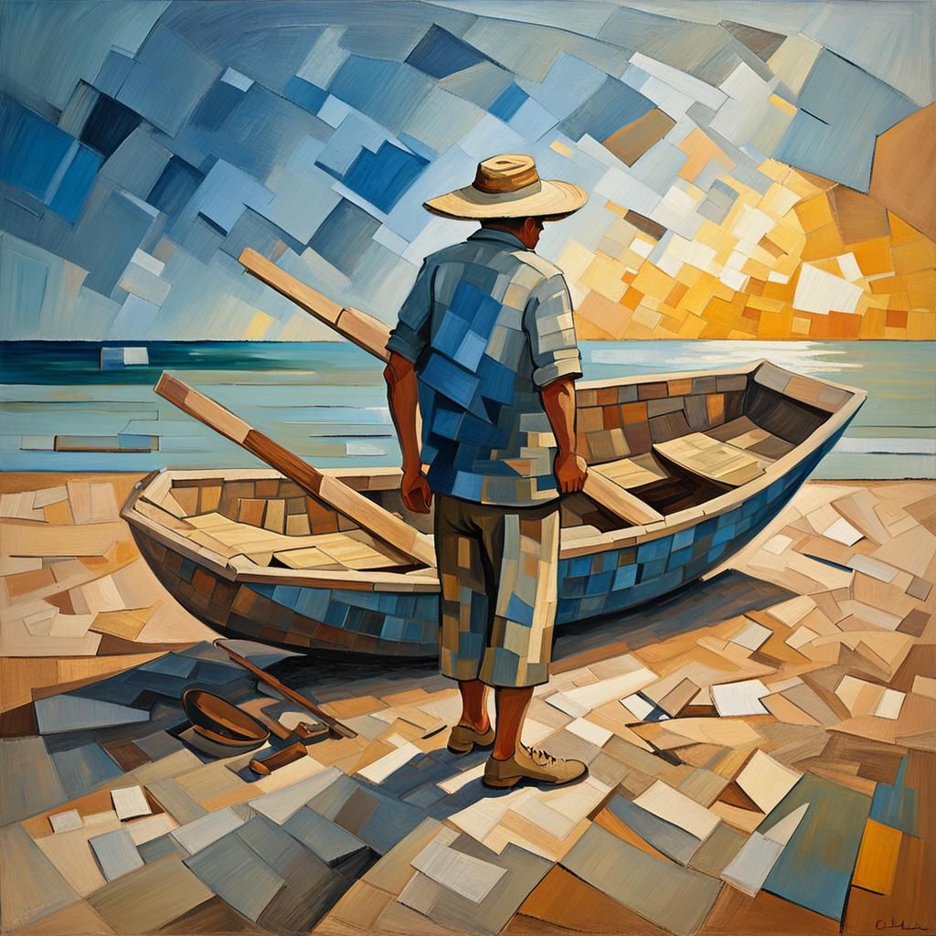 Spanish Fisherman Hauling Boat Ashore: Cubist Blue Period