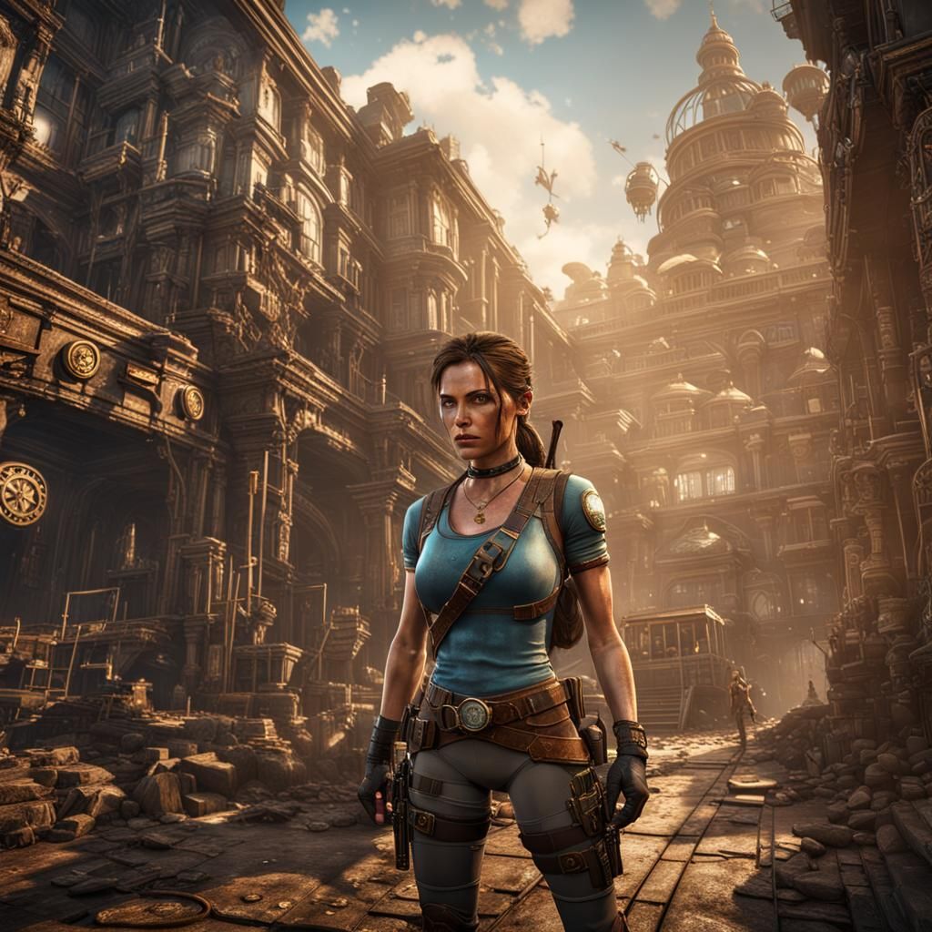 Steampunk Lara Croft in Detailed Matte Painting