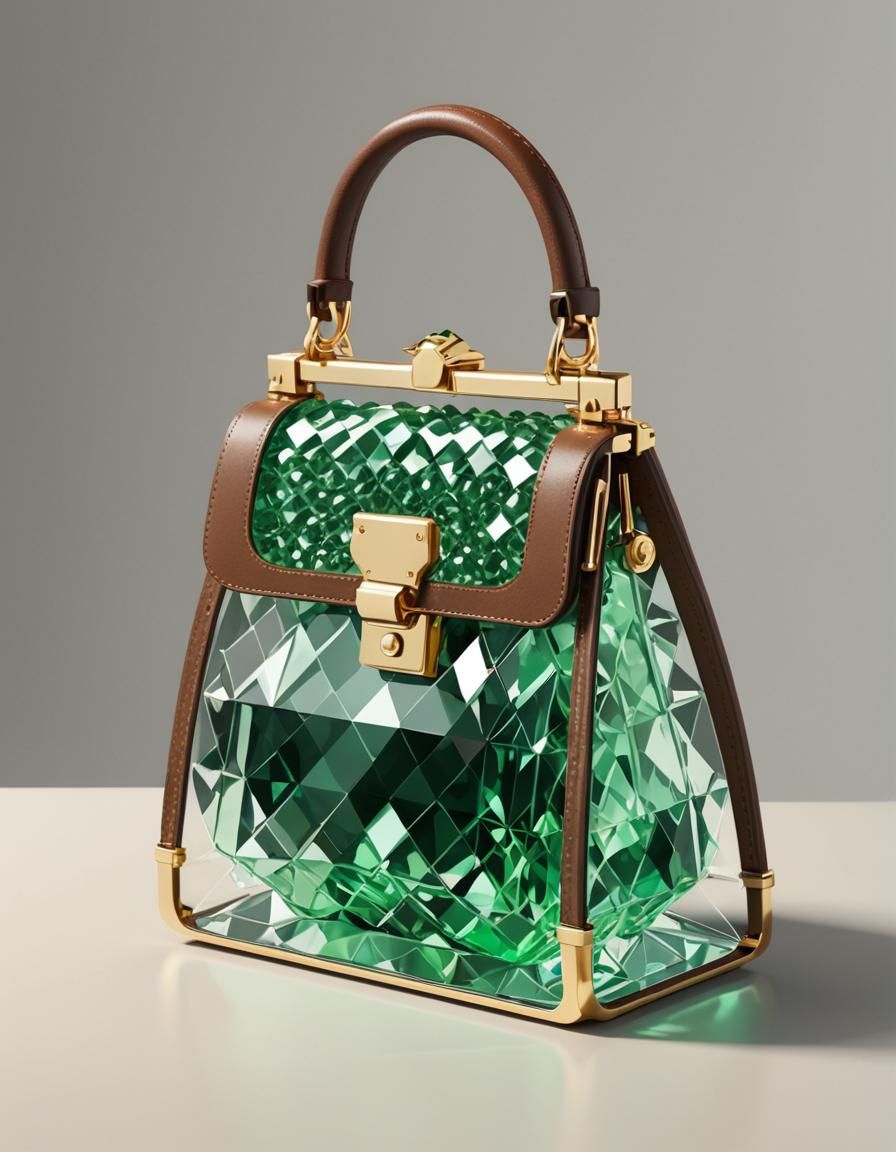 A glass bag made of light green crystal with gold trim and a...