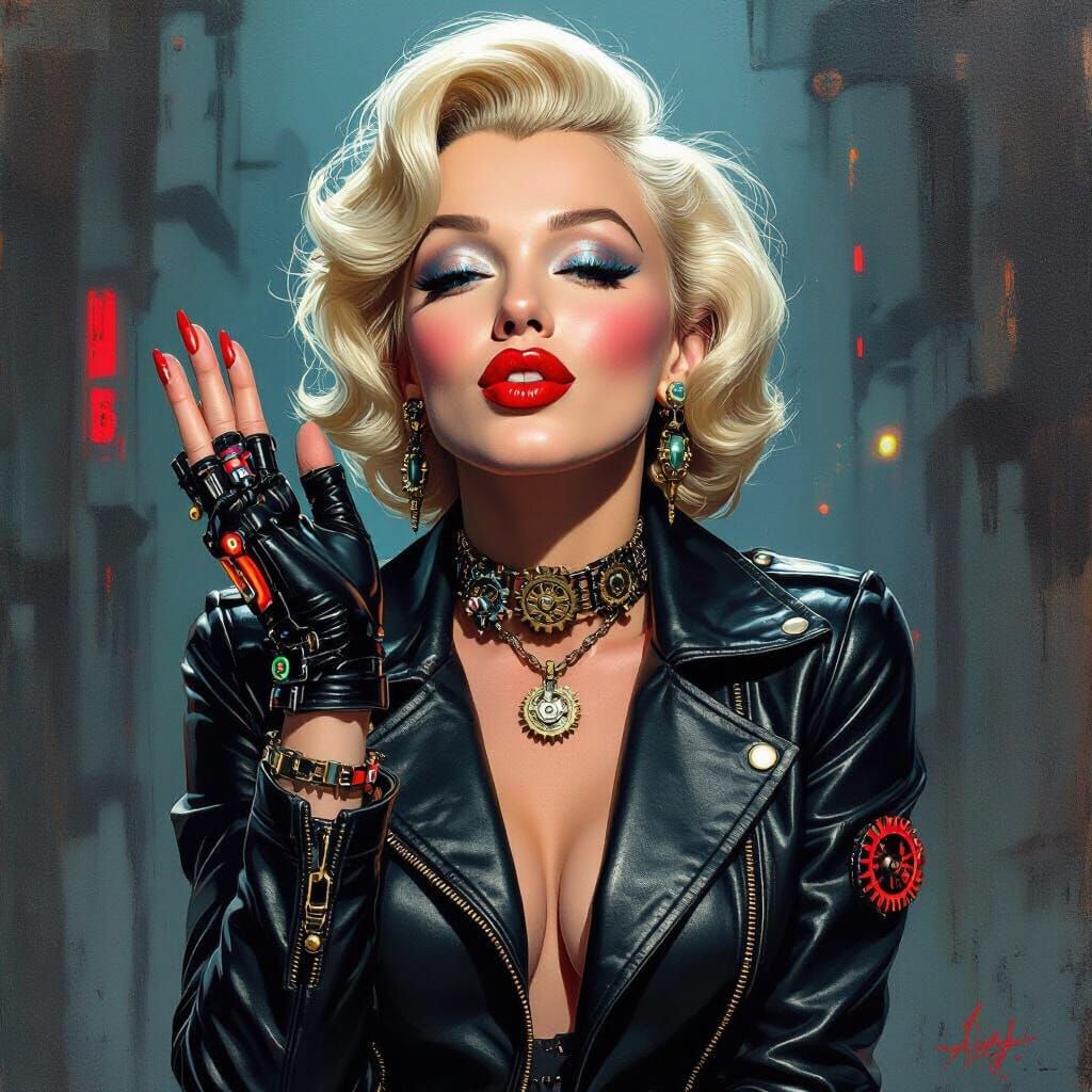 Marilyn Monroe Blowing Kiss in Trash Polka Cyberpunk Style