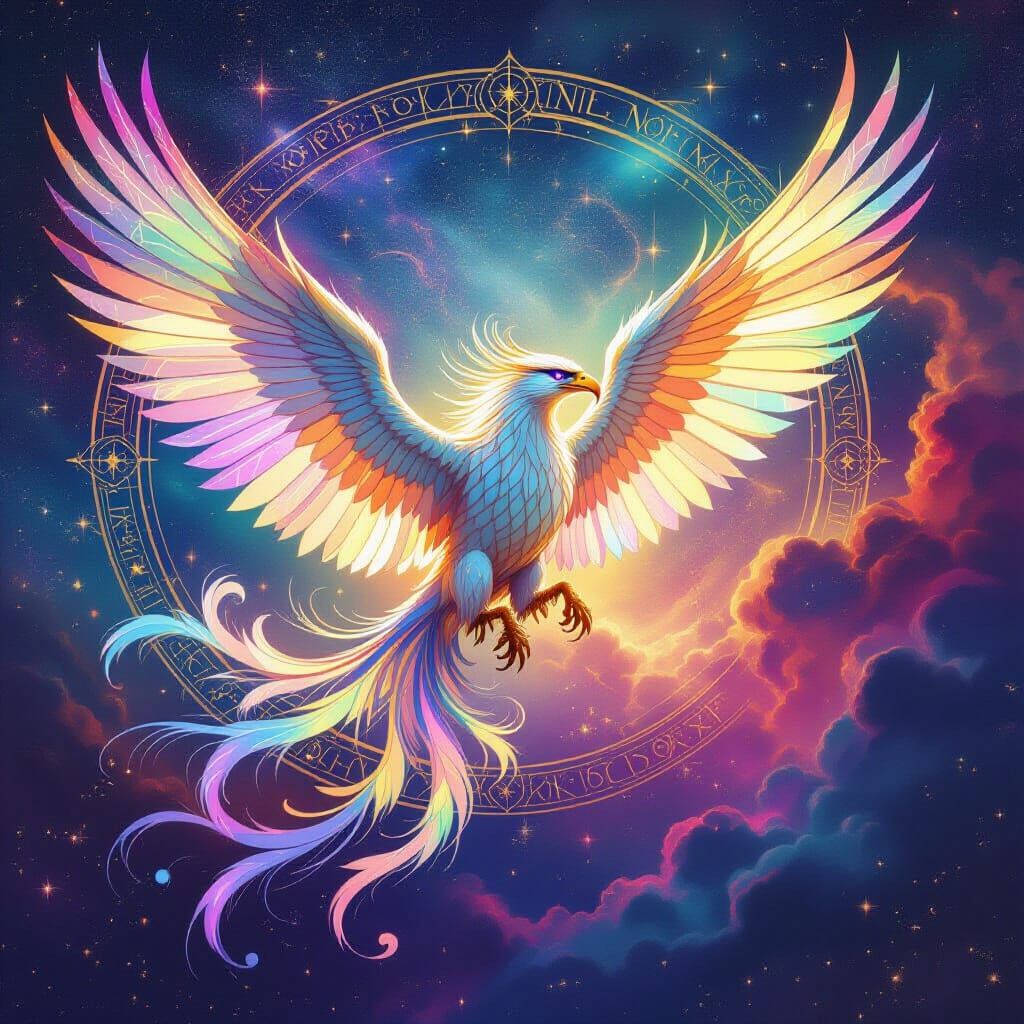 Clockwork Griffin Soaring Through Iridescent Nebula