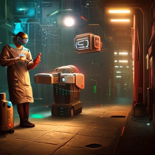 Cyberpunk Doctor's Back-Alley Robot Surgery