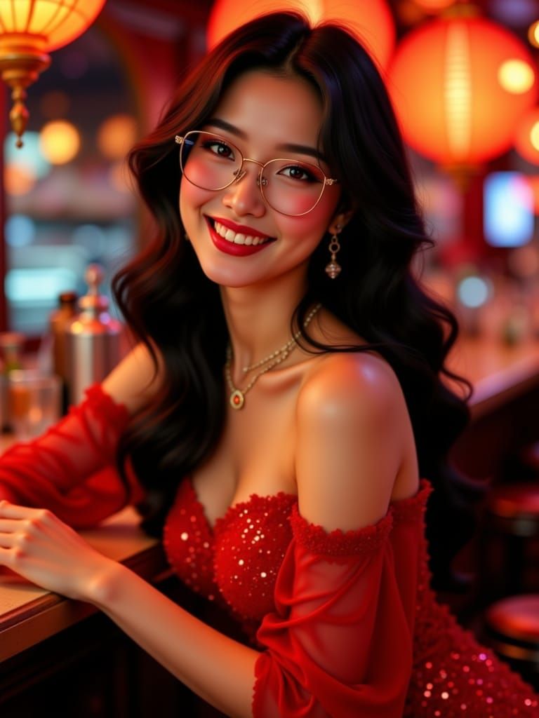 Gorgeous Japanese Woman in Red Dress at Opulent Nightclub