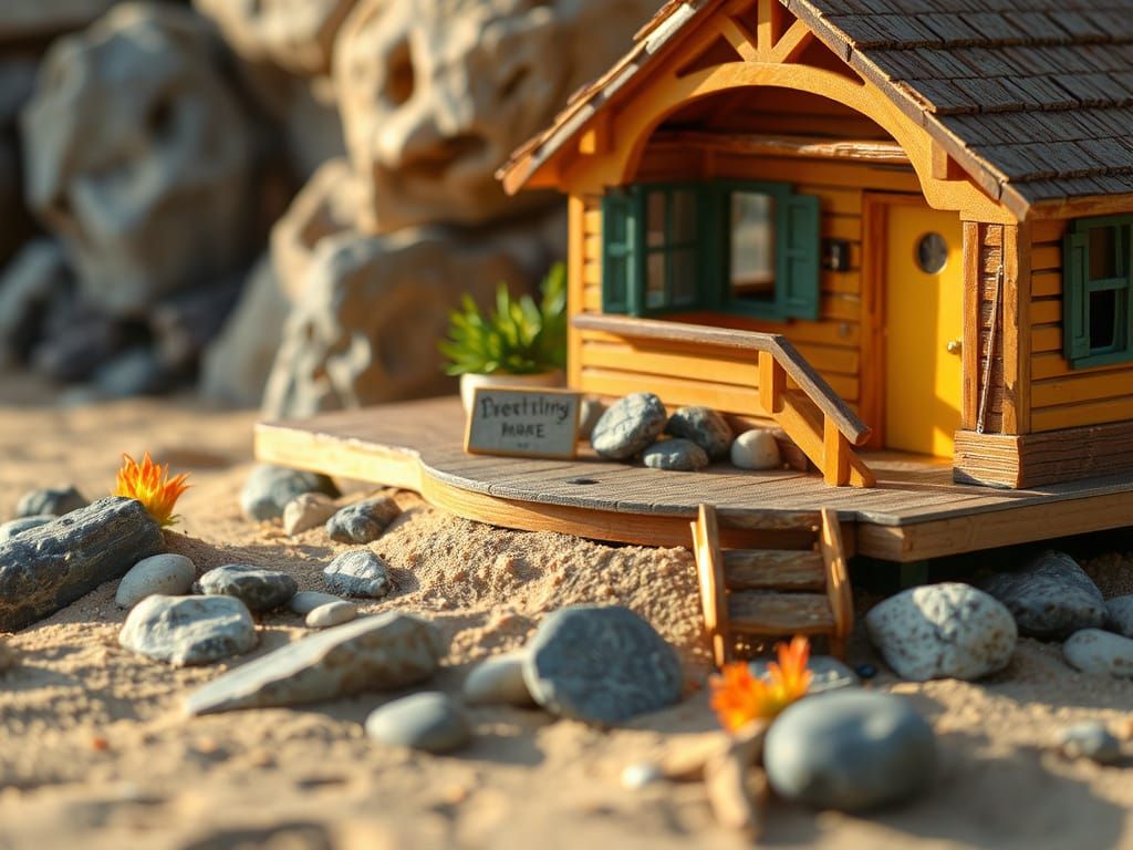 Miniature Beach House Diorama with Golden Lighting