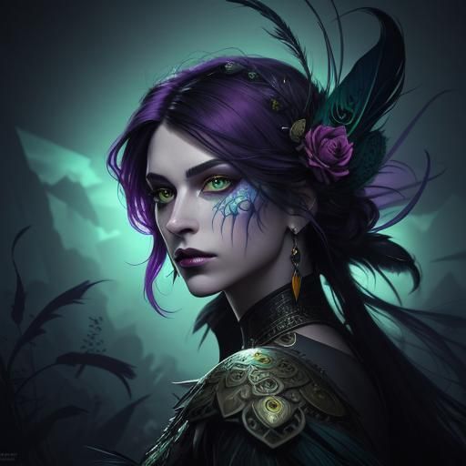 Fantasy Woman with Peacock Feathers and Roses