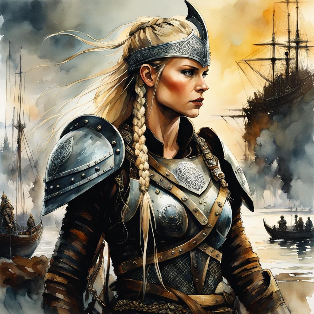 Goddess-Like Viking Warrior in Watercolor and Ink