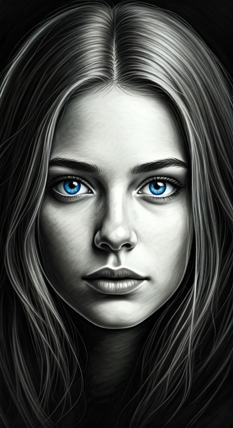 Haunting Pencil Sketch of Woman with Blue Eyes