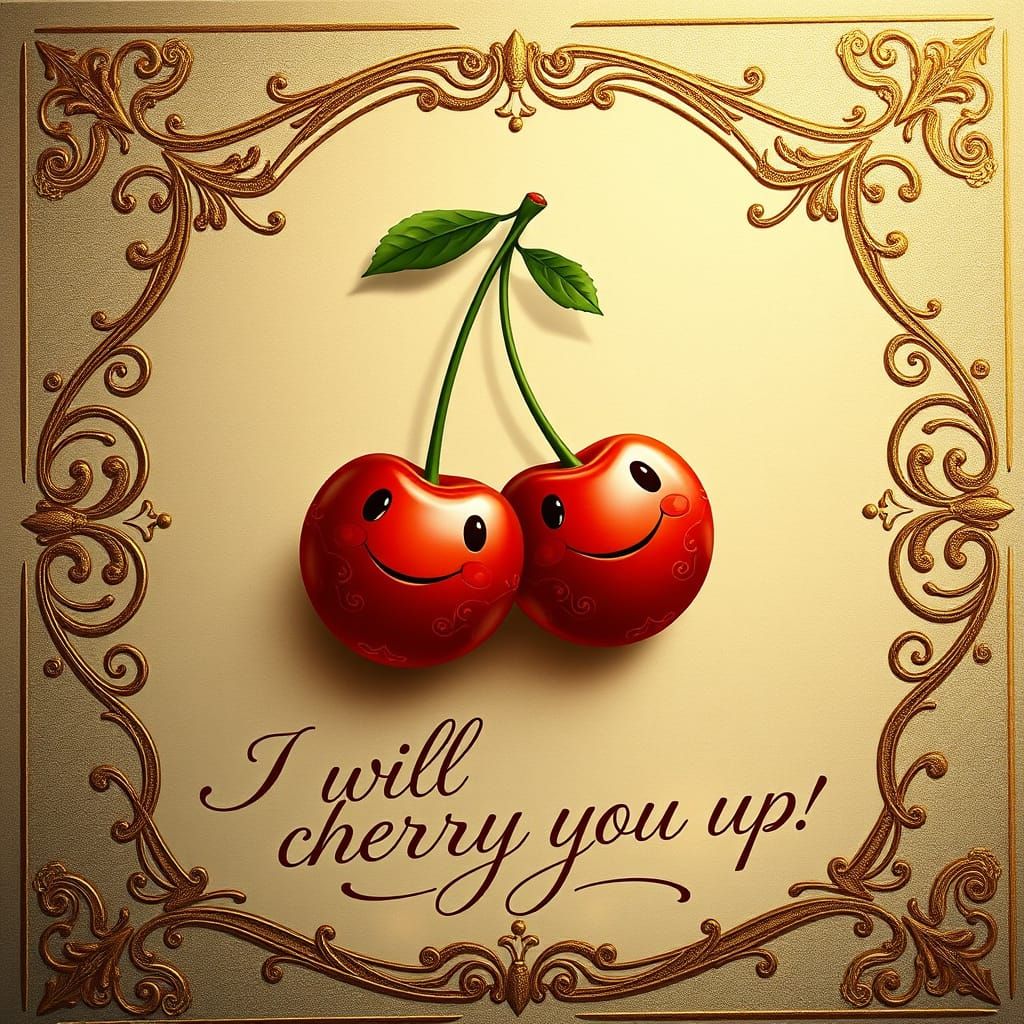 Whimsical Cherries on Golden Ornate Card