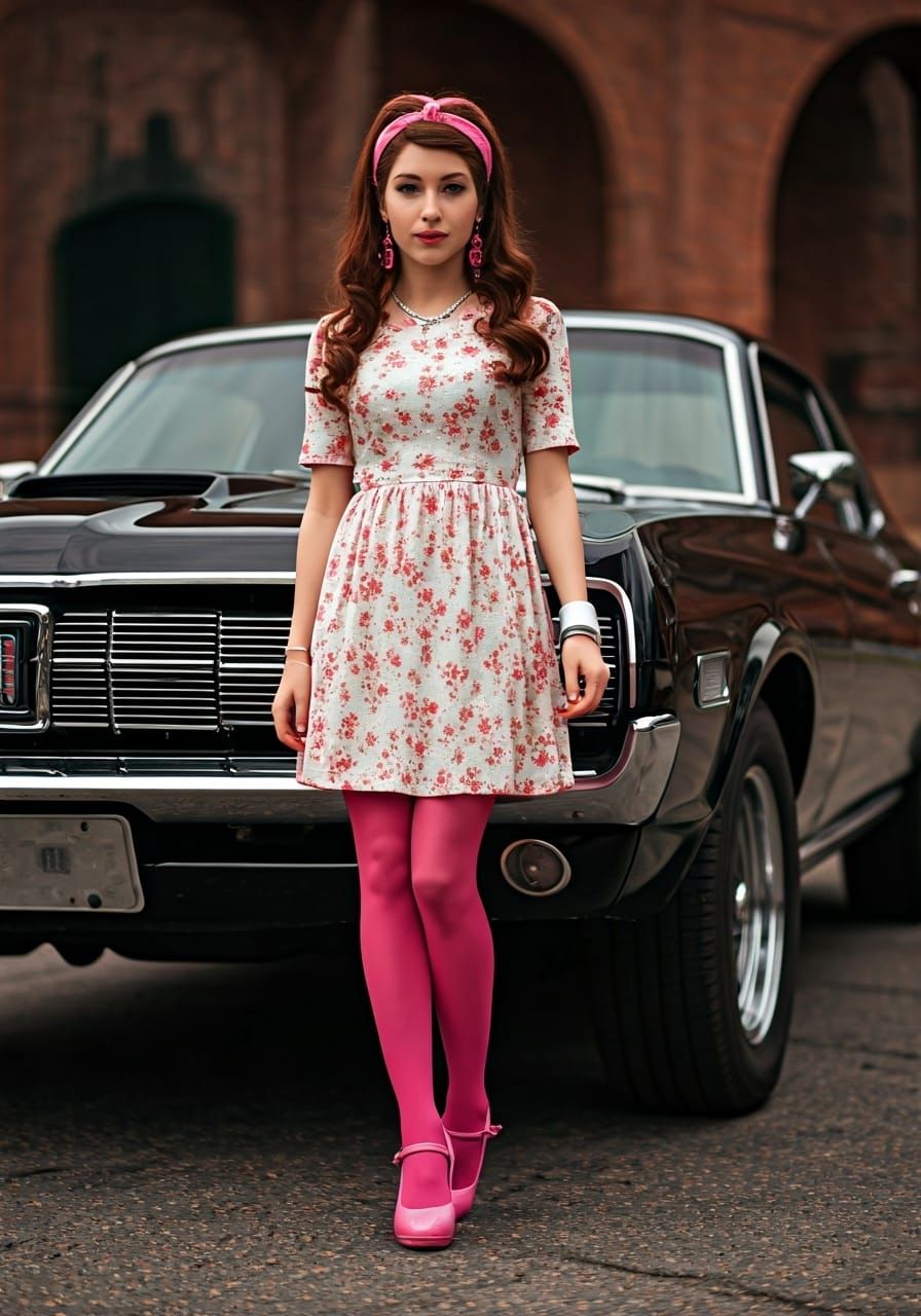 Retro Chic: Woman Poses with 1968 Mercury Cougar