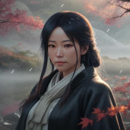 in digital format digital painting art beautiful landscape of Asian village, autumn flowers, leaves, nature, beautiful r...