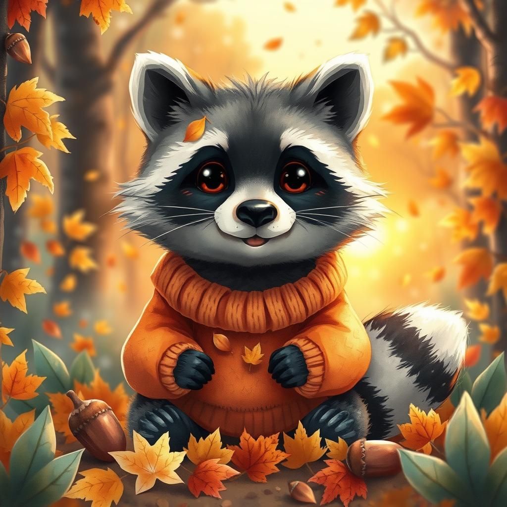Raccoon in Autumn Sweater, Anime-Style Illustration