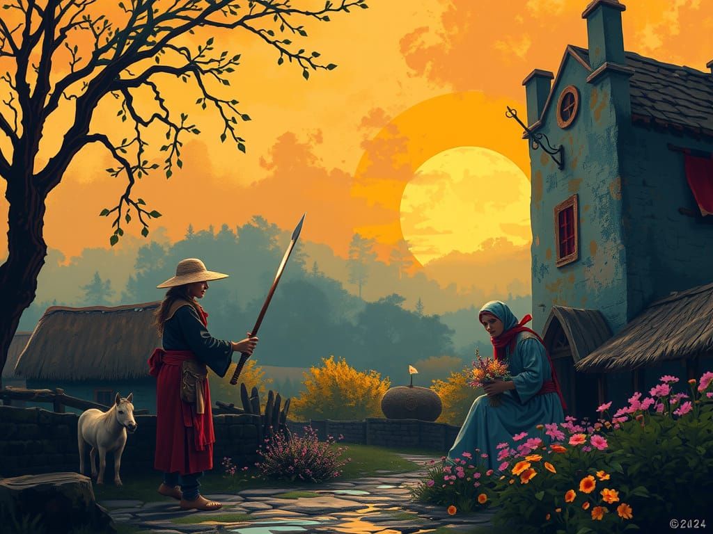 Vivid Medieval Peasants in a Surreal Oil Painting