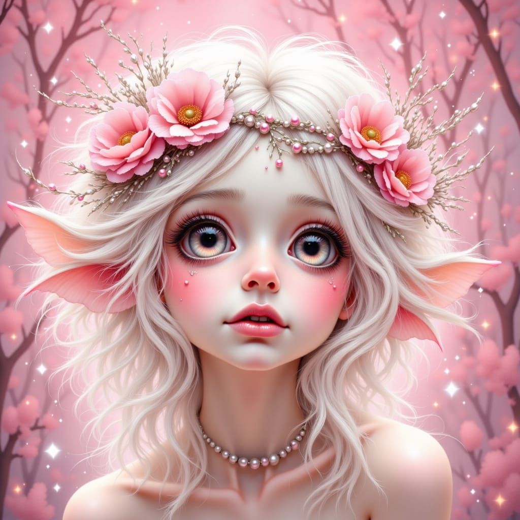 Whimsical Pixie in Pink Flowers and Silver Beads Fantasy Art