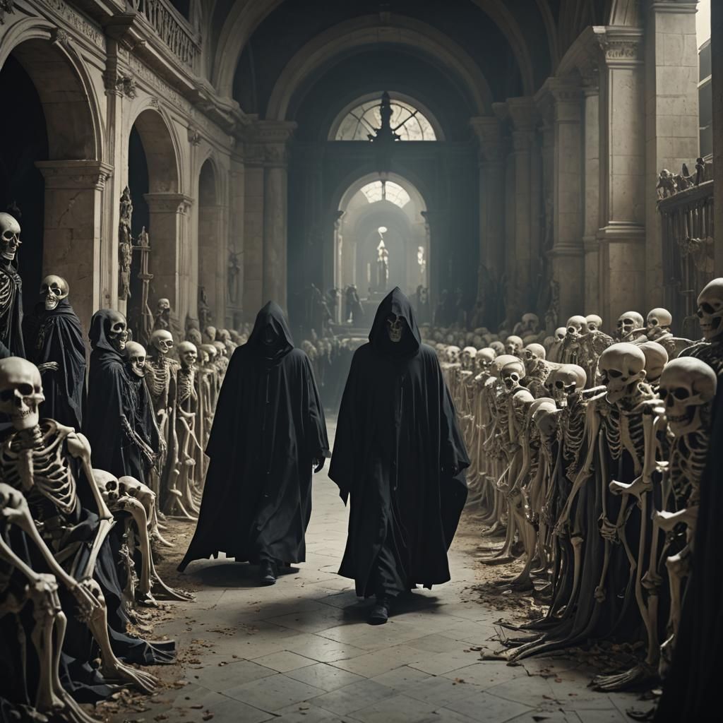 grim reaper walking into a college lecture in classical hall...