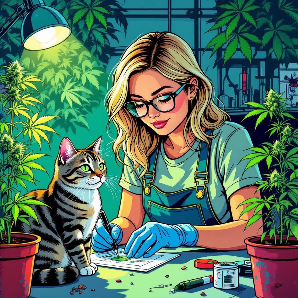 Girl, Cat, and Father Cloning Plants in Comic Art Style