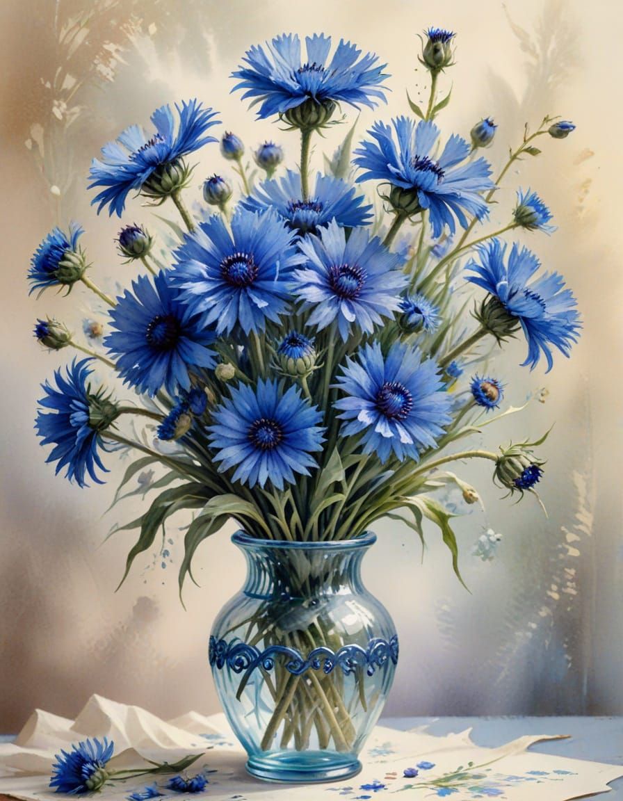 Close Up Blue Cornflowers in Vase, Watercolour and Ink