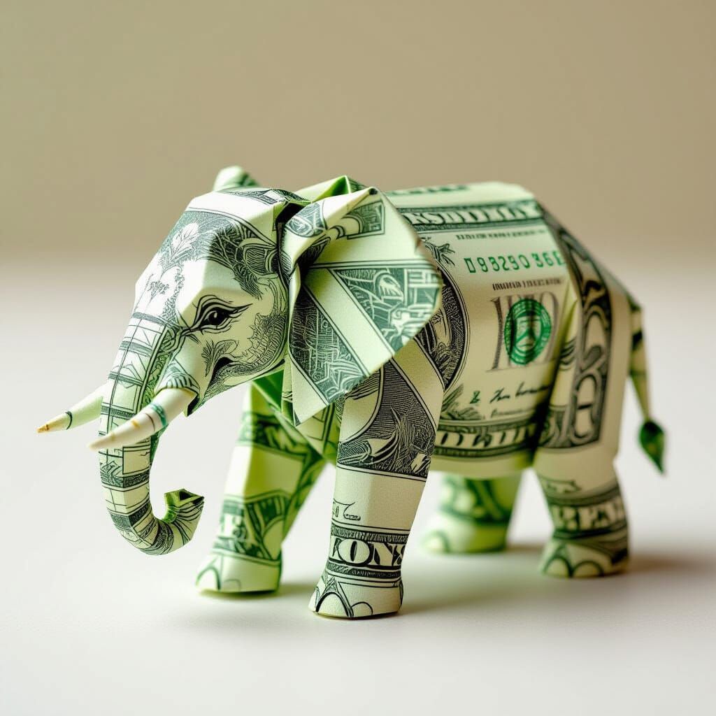 Hyperrealistic Origami Elephant from Dollar Bill