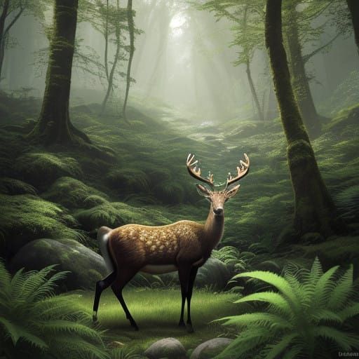 Majestic 3D Anime Deer in a Vibrant Forest Landscape
