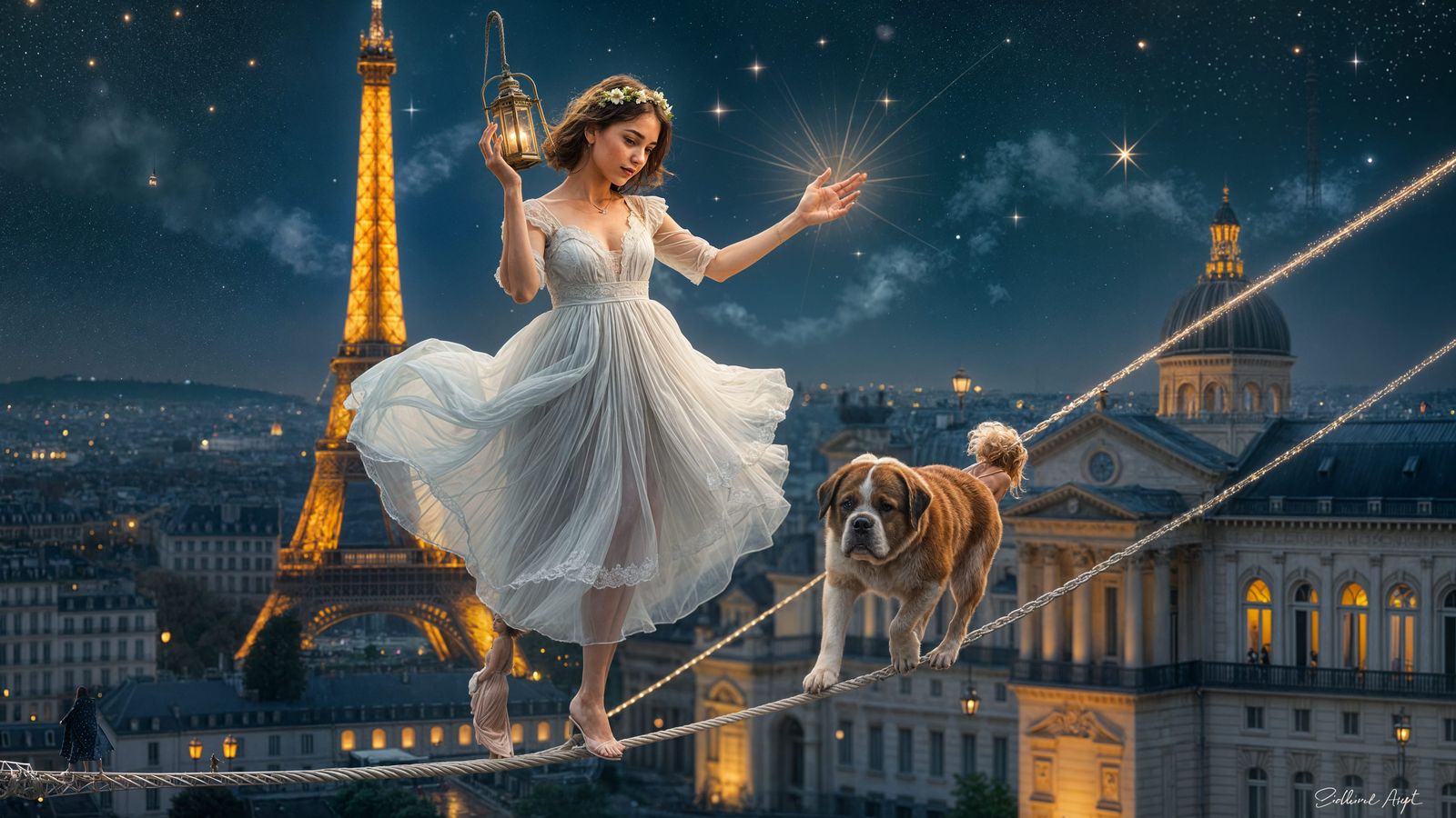 Parisian Night: Girl and Puppy on a Tightrope