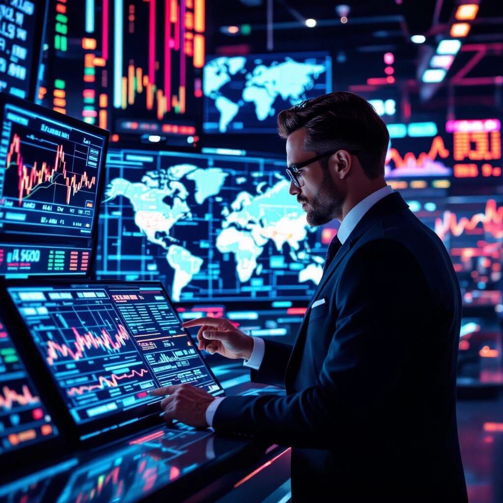 Trader Scans Futuristic Digital News Feed