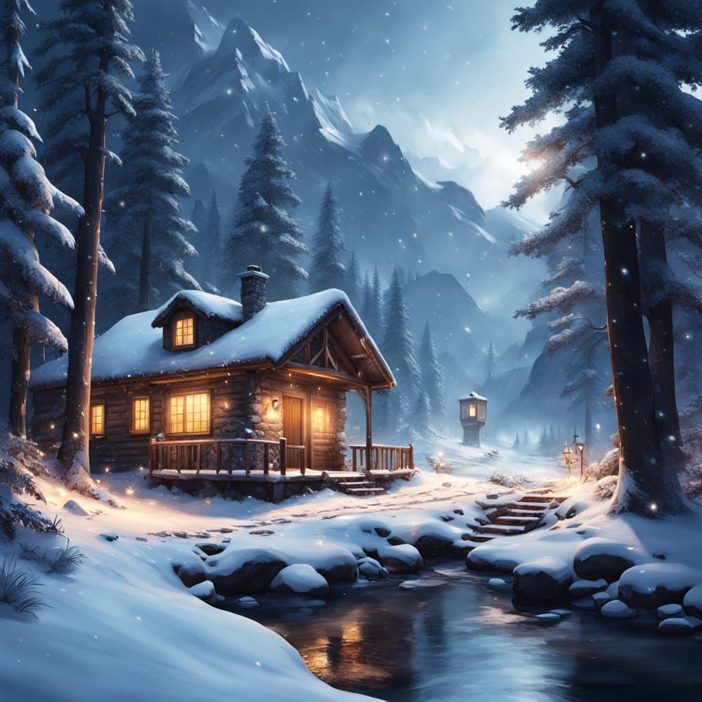 Stone Cabin in Snowy Mountain Blizzard, Digital Art