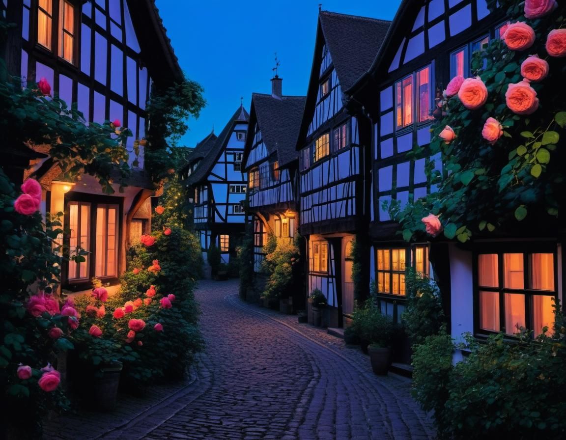 Charming Rose-Lined Alley with Half-Timbered Houses