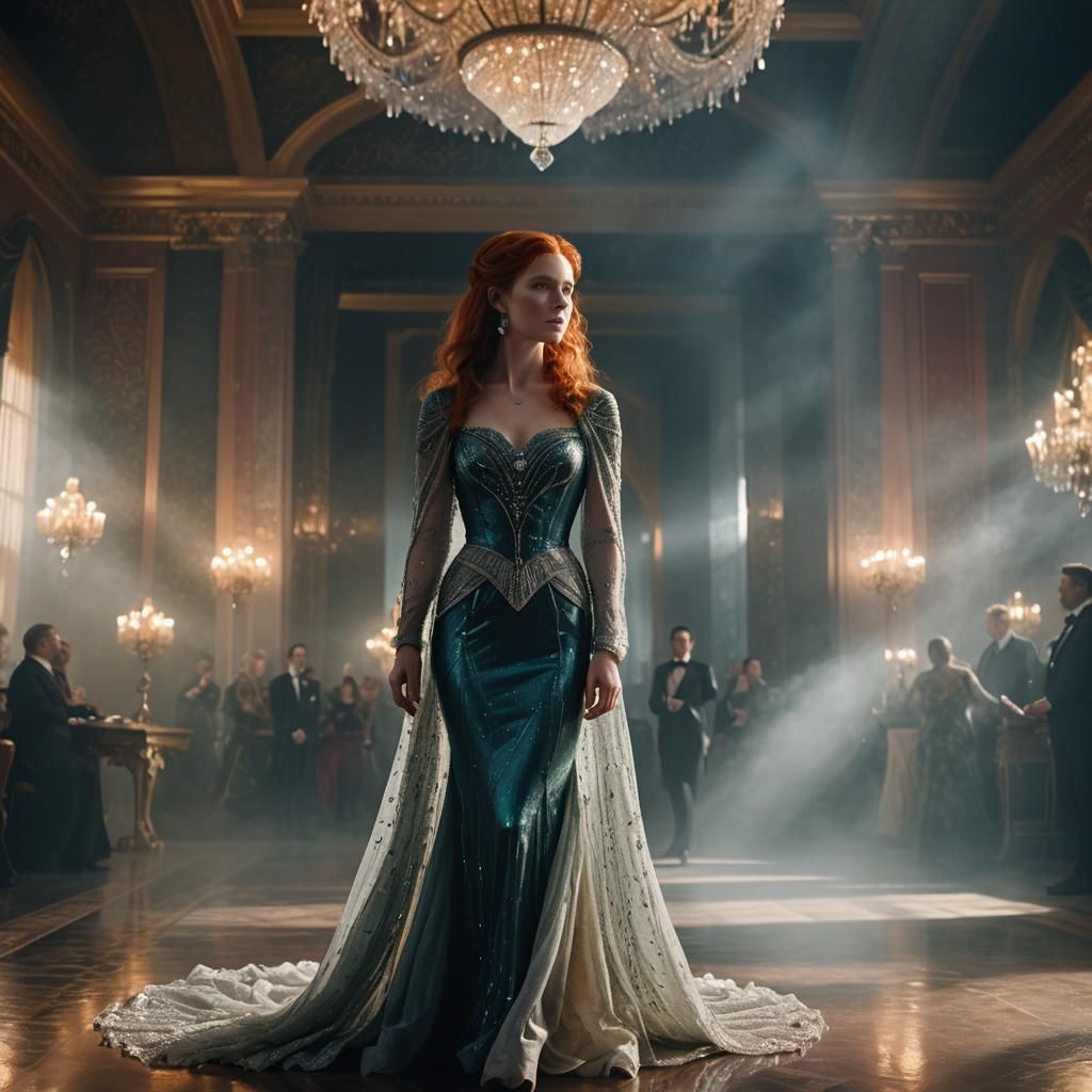 Woman in Crystal Dress in Grand Ballroom