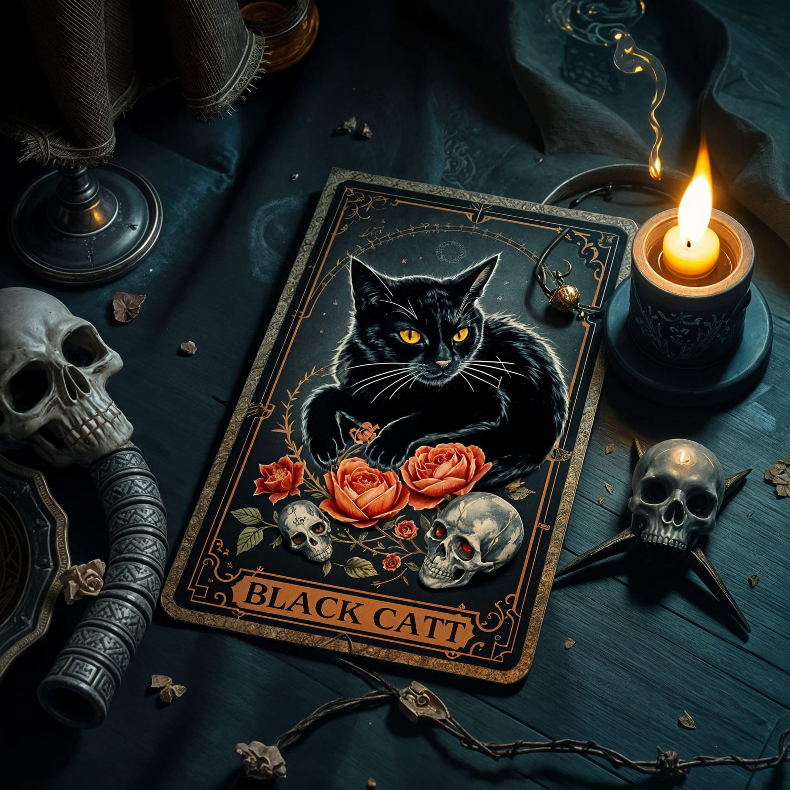 Black Cat Tarot Card with Skulls