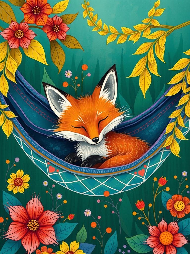 Fox in Hammock: Vibrant Textures and Whimsical Patterns
