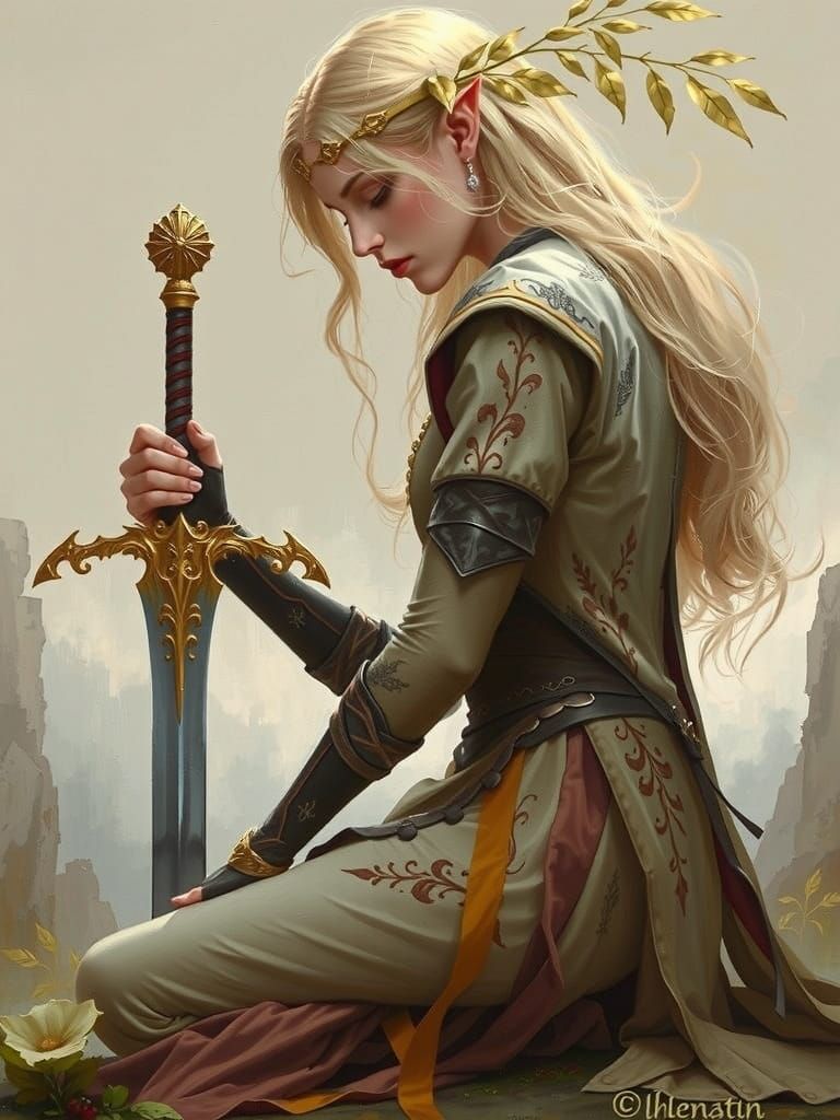 Solemn Elven Warrior in Classical Fantasy Realism Style