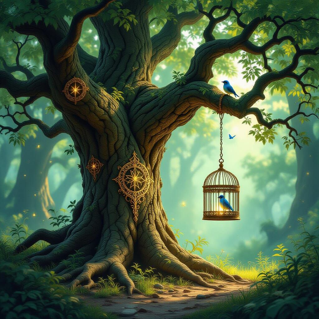 Ancient Tree With Arcane Symbols In Mystical Forest