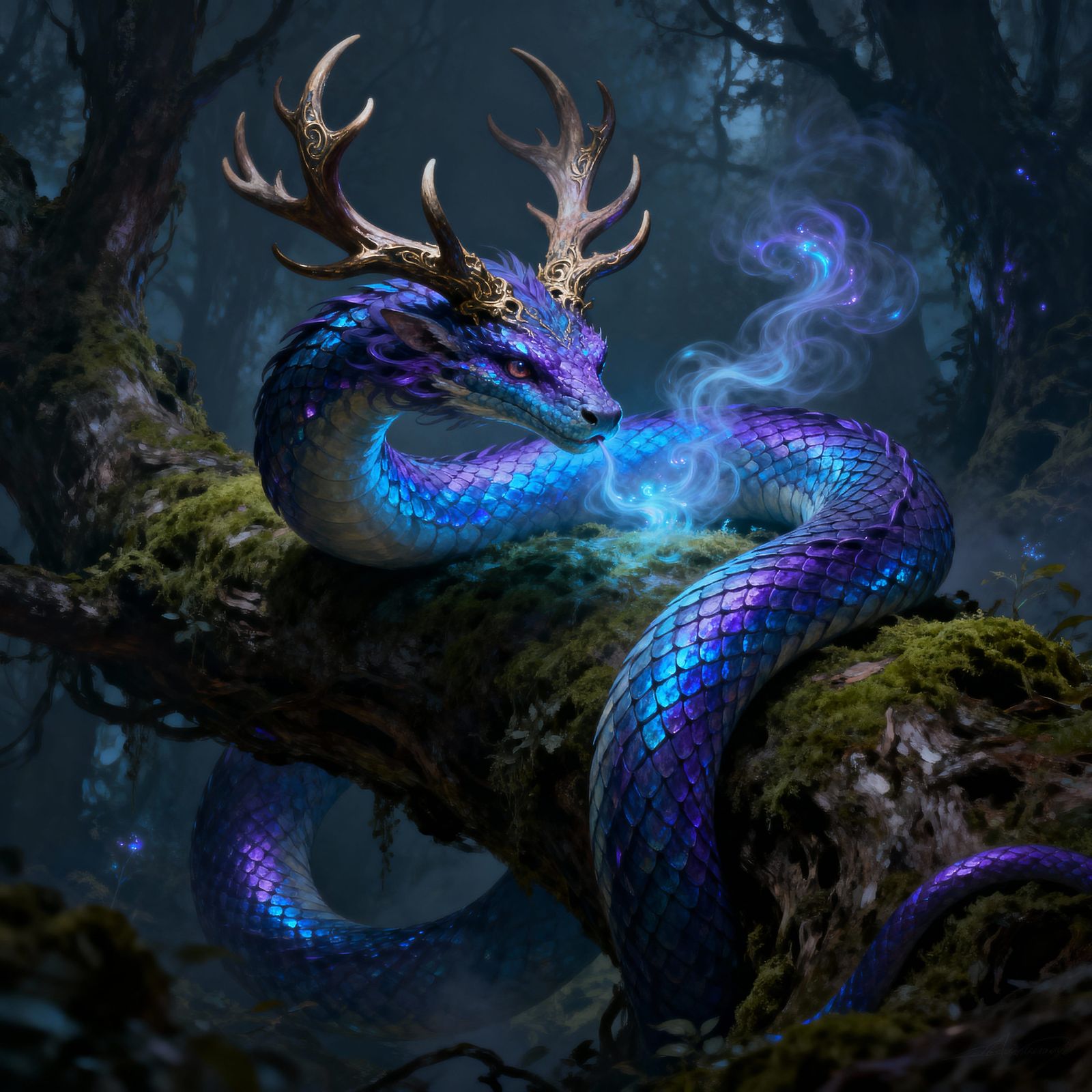 Fantasy Antlered Serpent in Enchanted Forest
