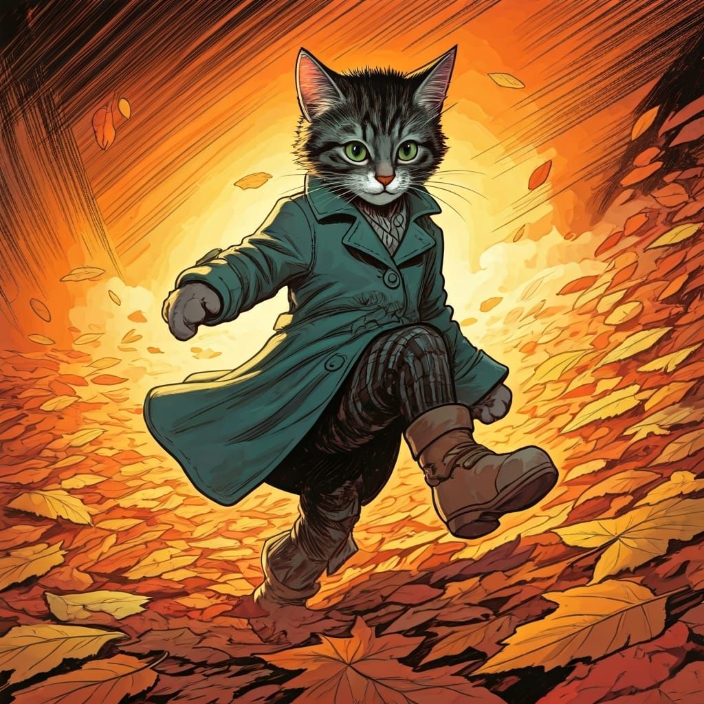 Kitten in Boots Kicking Autumn Leaves: Comic Art