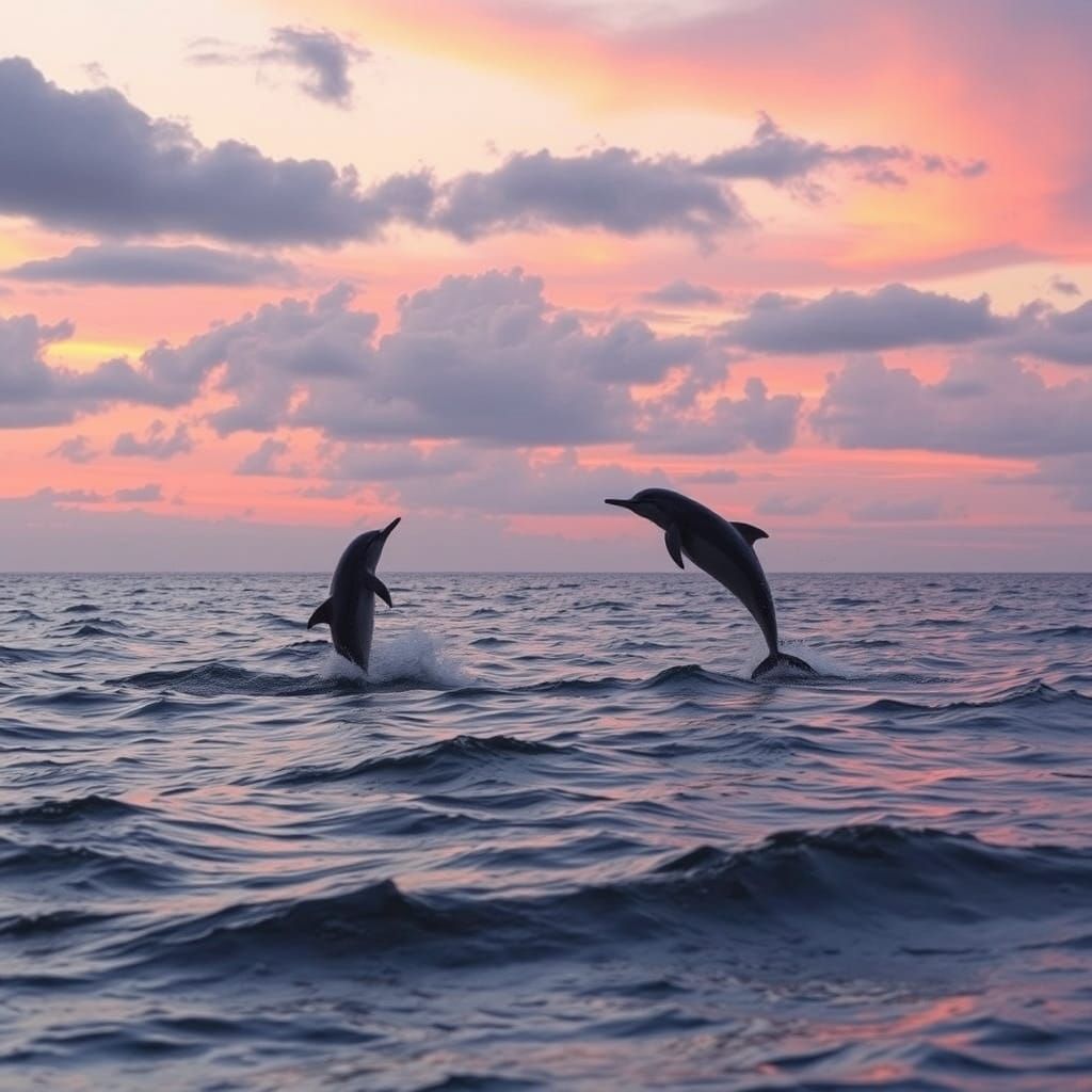Pink Sunset with Dolphins Jumping in Sea