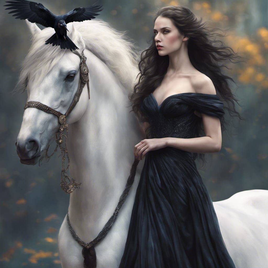 Majestic Goddess Morrighan with Raven and White Horse