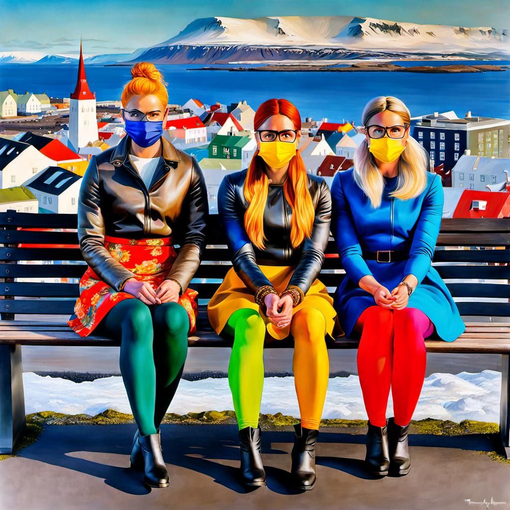 Icelandic Girls in Cityscape, Oil Painting Style