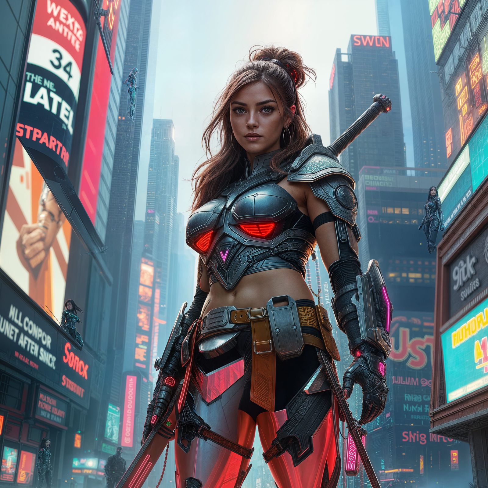 Cyberpunk Warrior in Neon Urban Landscape