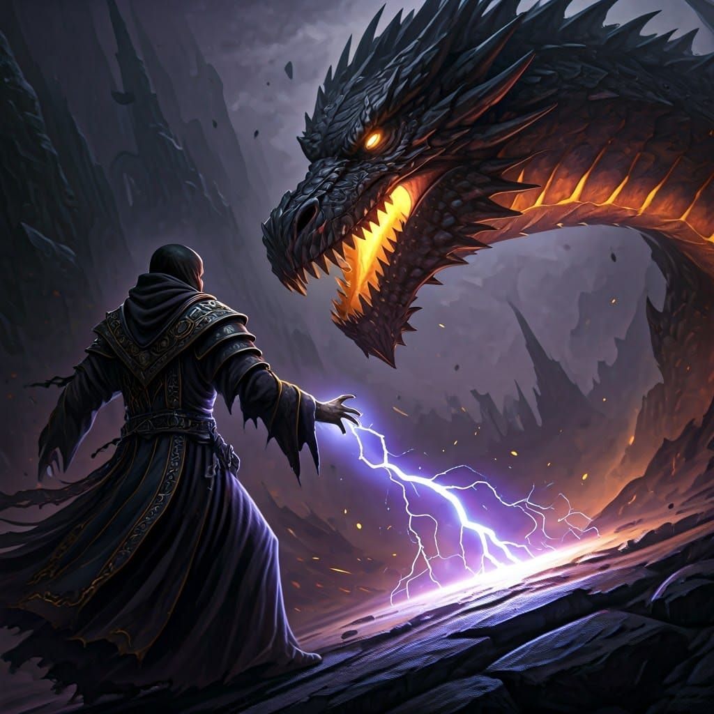 Wizard Battles Dragon with Lightning in Dark Fantasy